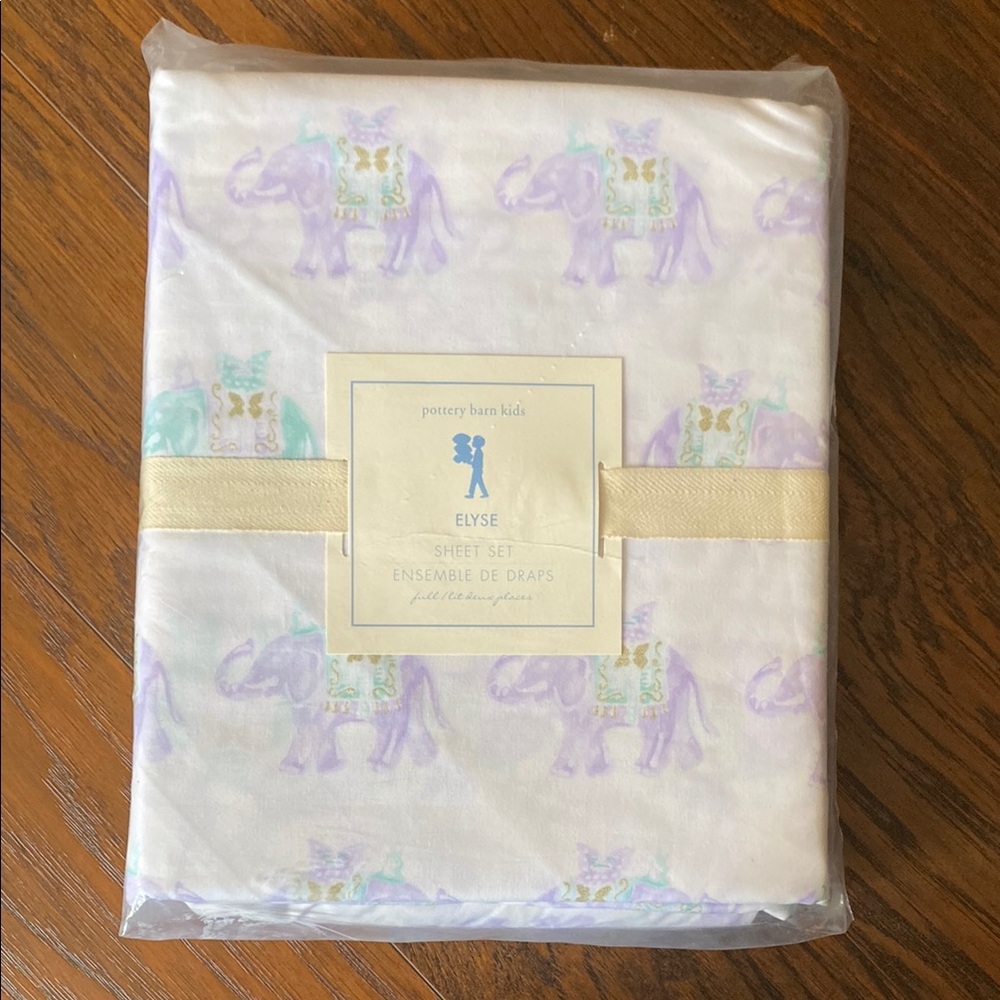 NWT Pottery Barn Kids Elyse Sheet Set.  White with Purple and Green Elephants